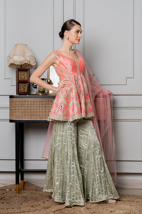 SALMON PINK CHANDERI SHARARA SET